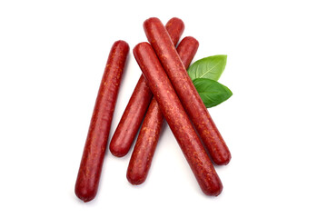 Smoked Hot dog sausages, isolated on white background. High resolution image