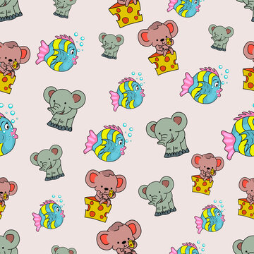 Seamless children's pattern. Elephant, mouse and fish. Vector illustration.