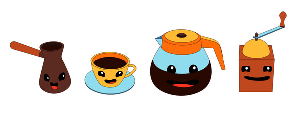 Set of cartoon dishes with smiles. Dishes and appliances for making coffee.