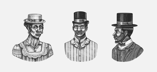 Elegant woman and man. Male face. Afro American Lady and gentlemen in a cylindrical hat. Victorian era. Fashion and clothes. Hand drawn Old sketch. Vintage engraved illustration. 