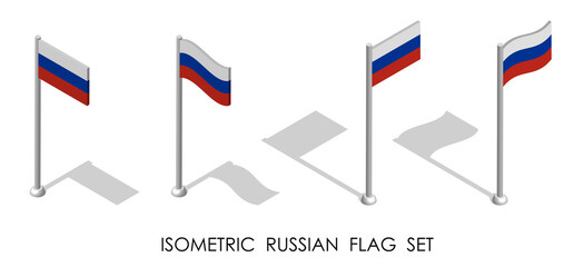 isometric flag of Russian Federation in static position and in motion on flagpole. 3d vector