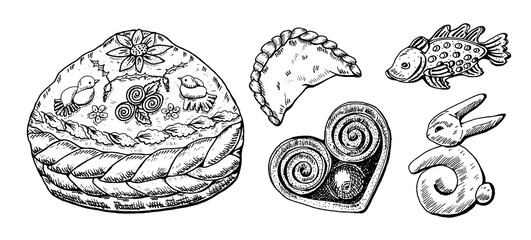 Bakery products. Pie or Kurnik and cookies, rabbit and fish, sweets and desserts. Engraved hand drawn in old sketch and vintage style for label and menu bakery shop. organic food. © artbalitskiy