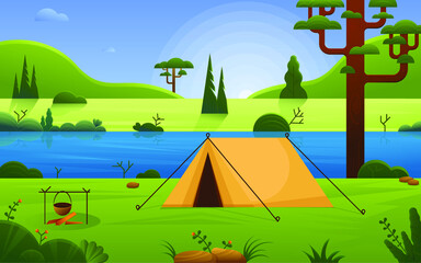 Camping site on river beach in forest. Forest landscape with Tent. Tourism expedition travel explore. Outdoor recreation. Vector illustration