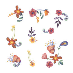 Watercolor abstract flowers. Templates with folk ornaments. Hand drawn illustration.