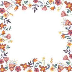 Fototapeta na wymiar Square frame with floral ornaments on a white background. Border with hand painted watercolor flowers. Abstract flowers on a white background.