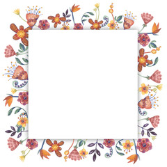 Square frame with watercolor flowers on a white background. Abstract flowers - folk ornament. Border for cards, invitations, congratulations and any of your purposes.