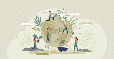 Ecology agriculture and green sustainable harvesting tiny person concept. Environmental gardening and food farming around globe with responsible care vector illustration. Nature care process scene.