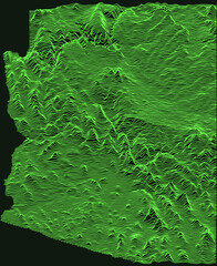 Topographic military radar tactical map of the Federal State of Arizona, USA with emerald green contour lines on dark green background