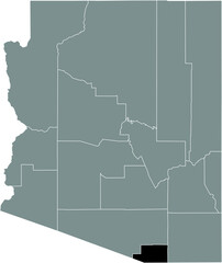 Black highlighted location map of the US Santa Cruz county inside gray map of the Federal State of Arizona, USA