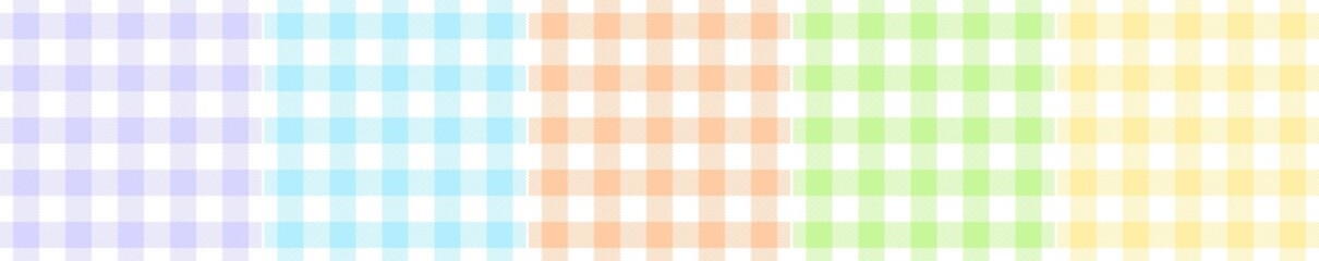 Gingham pattern set for Easter designs in pastel purple, blue, orange, green, yellow, white. Spring summer textured vichy checked plaids for tablecloth, picnic blanket, oilcloth, other textile.