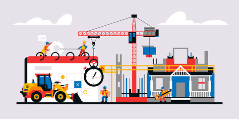 Construction site and construction planning. Unfinished building readiness calendar, equipment, machines, crane, builders, worker. Vector illustration isolated on background.