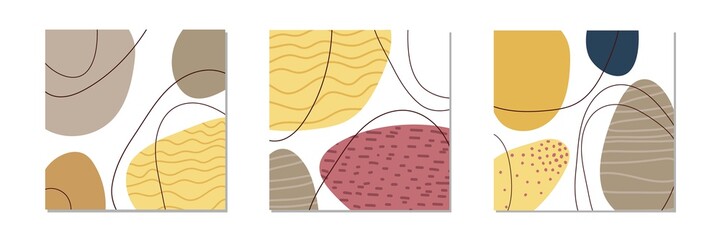 Abstract geometrical poster set. Three Minimal posters with different shapes, textures, lines. Abstraction nordic paint. Scandinavian style. For wall art decoration, postcard, cover design, print.