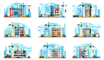 A set of buildings under construction on the background of a city under construction. A site with heavy commercial equipment. Crane, bulldozer, excavator, tractor, concrete mixer. Vector illustration.