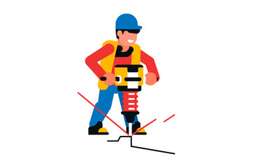 Fototapeta premium Worker working with a jackhammer. Male builder and electric jackhammer, power tool, road works, repair. Vector illustration isolated on white background