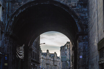 Tunnel under George IV Bridge, Cowgate St in old part of Edinburgh city, Scotland