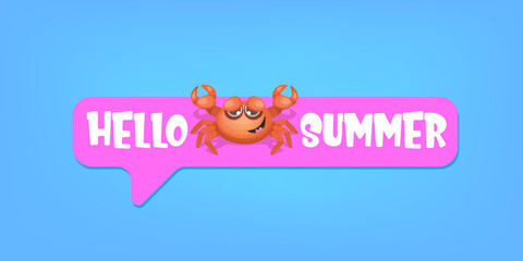 hello summer horizontal banner or flyer design template with cute red crab character isolated on blue sea background. summer beach party design template. Hello summer concept