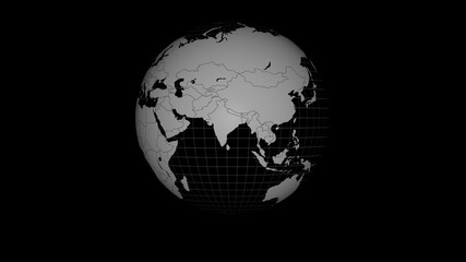 Black and White Globe with Grid and Country on Black Background