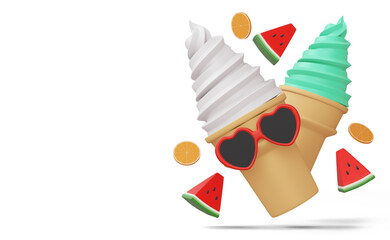 Ice cream wearing glasses, summer season, summer template 3d rendering