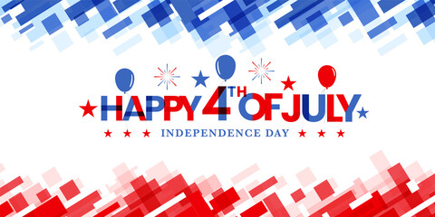Happy 4th of July, USA independence day celebration text design with red, blue balloons and fireworks on modern, American flag color red and blue, techy, abstract background. Vector illustration
