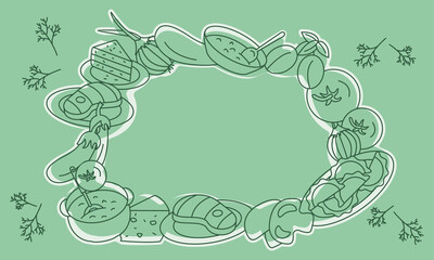 Food is drawn with contour lines on a green background with light strokes