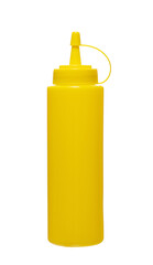 yellow plastic bottle with dispenser for different sauces on white background