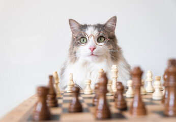A gray cat with round glasses sits near the chessboard. The animal is playing a smart board game....
