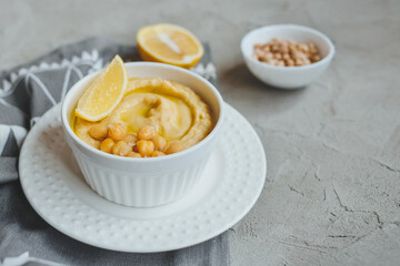 Hummus from chickpeas, with olive oil and lemon