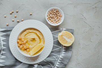 Hummus from chickpeas, with olive oil and lemon
