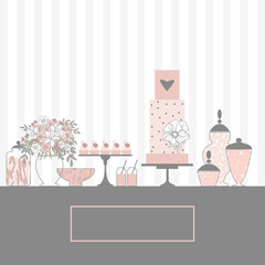 Wedding candy bar with cake and flowers. Dessert table.  Vector illustration.