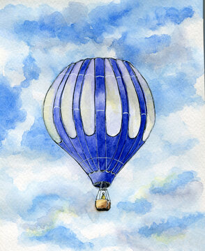 hot air balloon in flight watercolor drawing