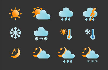 Weather icons set. Sunny, cloudy, rainy, snowy, hot degree. Vector illustration

