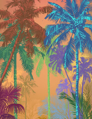 Obraz premium Tropical palm forest in the morning haze in in bright multicolor