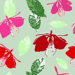 Floral pattern with red flowers of Delonix regia on pale green background. Seamless Vector illustration.