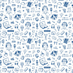 Podcast Show Doodle Icons Vector Seamless Pattern. Background with Hand drawn Man and Woman Speaking in Microphone and Different Podcast Equipment and Items. Workplace of Radio Host, Blogger