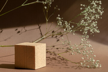Square empty stand made of polystyrene next to sprig of gypsophila on beige solid background. Rays...