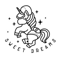 Vector illustration of beautiful black and white unicorn with horn in a cap and shorts on color background with star and word