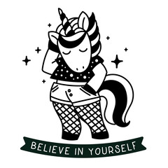 Vector illustration of beautiful black and white unicorn with horn in a t-shirt and shorts on color background