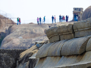 Closeup of the old weathered stone wall in Lepakshi,India