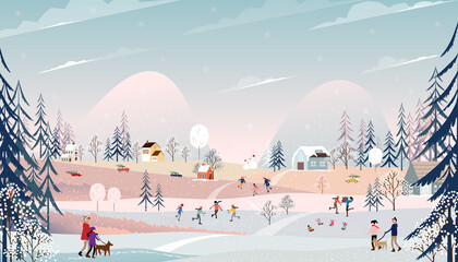 Winter wonderland landscape at night with people having fun outdoor activity on new year,Vector Background banner for Christmas and New Year 2022 holidays, CuteVillage people celebrating in the park - obrazy, fototapety, plakaty