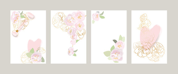 Massage kit. Facial roller and gua sha massager framed by cherry blossoms. Vector illustration set