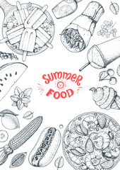 Summer food vector illustration. Variety food sketch collection. Top view engraved illustration.