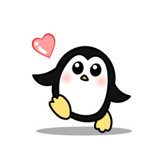 Cute cartoon penguin with heart emoji on white background