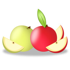Red and green apple on white background