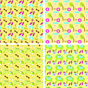 Set of summer beach seamless patterns on a yellow sand backgrounds with umbrella, palm tree, flip flops, sun hat and bag