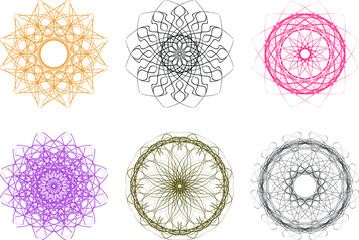 Set of isolated circle stroke abstract mandala patterns on transparent background