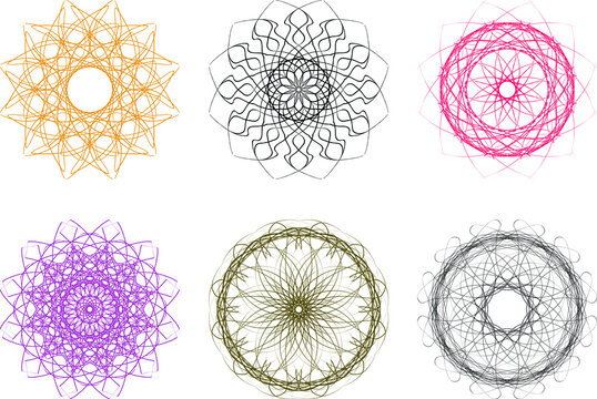 Set of isolated circle stroke abstract mandala patterns on transparent background