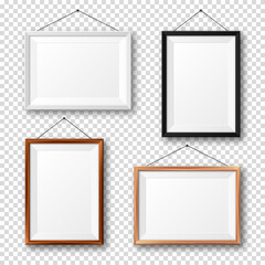 Realistic black, white and wooden picture frames with shadow on checkered background. Hanging on a wall blank poster mockup. Empty photo frame. Vector illustration.