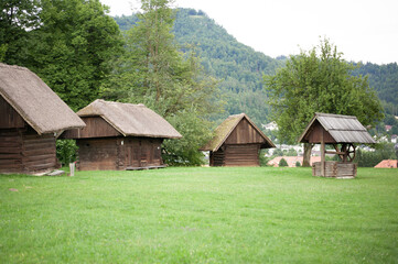 Fototapeta na wymiar small cute vintage rural alpine cabins with thatched roofs on a green lawn