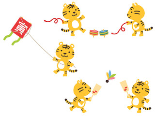 お正月の遊びをする虎のイラスト（こま回し、凧揚げ、羽根つき）