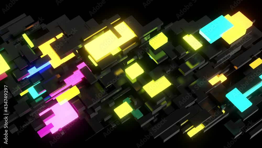 Poster abstract looped 4k dark background neon cubes light bulbs. visualisation of working ai big data or b